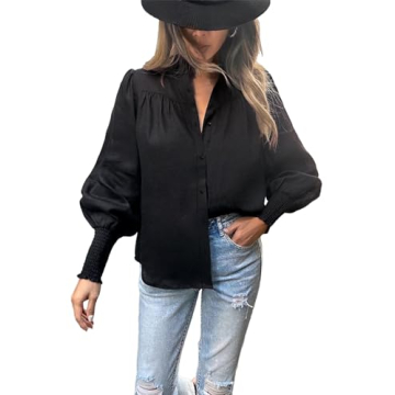 Lesore Womens Blouses Casual Fashion Spring Crewneck Button Down Puff Long Sleeve Smocked Cuffs Shir...