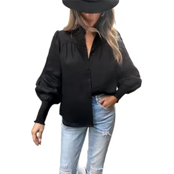 Lesore Womens Blouses Casual Fashion Spring Crewneck Button Down Puff Long Sleeve Smocked Cuffs Shir...