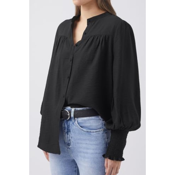 Lesore Womens Blouses Casual Fashion Spring Crewneck Button Down Puff Long Sleeve Smocked Cuffs Shirts Blouses Tops Black L