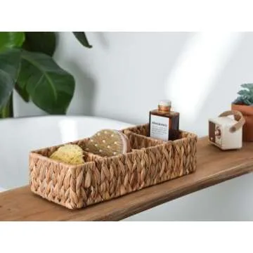 StorageWorks Small Baskets for Organizing, Wicker Baskets for Organizing with 4 Sections, Water Hyacinth Baskets, Handwoven Desk Baskets for Shelves, Pantry, Coffee Bar, 2 Pack