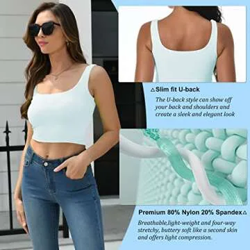 Artrello Square Neck Tank Tops for Women Double Lined Seamless Sleeveless Basic Cropped Tanks(Light Blue,Medium)
