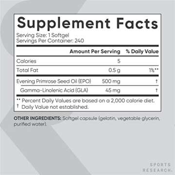 Sports Research Evening Primrose Oil (500mg) Cold-Pressed with No fillers or Artificial Ingredients, Non-GMO Tested - Gluten & Soy Free (240 Liquid Softgels)