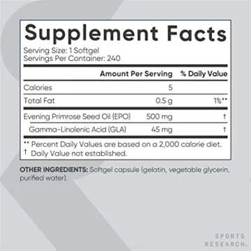 Sports Research Evening Primrose Oil (500mg) Cold-Pressed with No fillers or Artificial Ingredients, Non-GMO Tested - Gluten & Soy Free (240 Liquid Softgels)