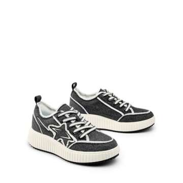 DREAM PAIRS Women Platform Chunky Lightweight Comfortable Casual Denim Fabric Lace-Up Kay Walking Fashion Sneakers,Size 6.5,Black/White,SDFN2427W