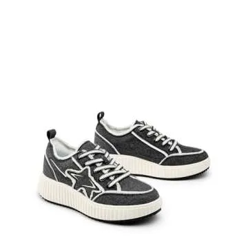 DREAM PAIRS Women Platform Chunky Lightweight Comfortable Casual Denim Fabric Lace-Up Kay Walking Fashion Sneakers,Size 6.5,Black/White,SDFN2427W
