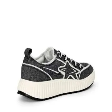 DREAM PAIRS Women Platform Chunky Lightweight Comfortable Casual Denim Fabric Lace-Up Kay Walking Fashion Sneakers,Size 6.5,Black/White,SDFN2427W