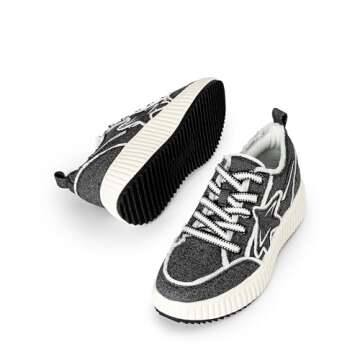 DREAM PAIRS Women Platform Chunky Lightweight Comfortable Casual Denim Fabric Lace-Up Kay Walking Fashion Sneakers,Size 6.5,Black/White,SDFN2427W