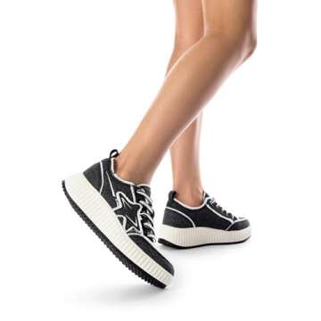 DREAM PAIRS Women Platform Chunky Lightweight Comfortable Casual Denim Fabric Lace-Up Kay Walking Fashion Sneakers,Size 6.5,Black/White,SDFN2427W