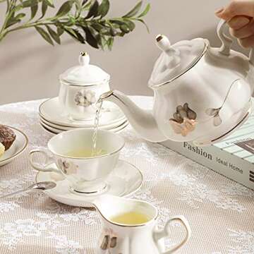CHENP.HMC Porcelain Ceramic 22-Piece Tea Set, Teapot and Cup Set, 30.7 Ounces, for 6, Gift Sets, Tea or Coffee Lovers, Wedding, Birthday