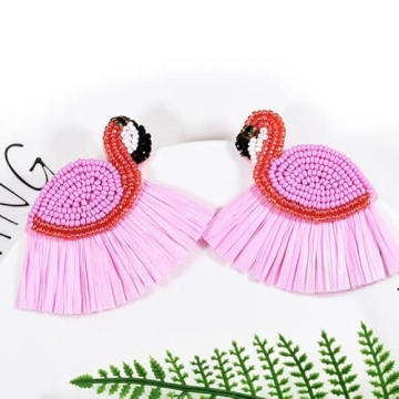 Handmade Flamingo Lobster Beaded Drop Dangle Earrings Beads Tassel Alpaca for Women Cute Animal Christmas Xmas New Year Party Jewelry-Flamingo C