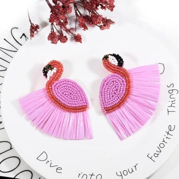 Handmade Flamingo Lobster Beaded Drop Dangle Earrings Beads Tassel Alpaca for Women Cute Animal Christmas Xmas New Year Party Jewelry-Flamingo C