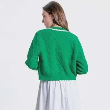 URBAN REVIVO Women's Knit Cardigan Sweaters Casual Long Sleeve Open Front Button Down Cropped Jackets Green X-Small