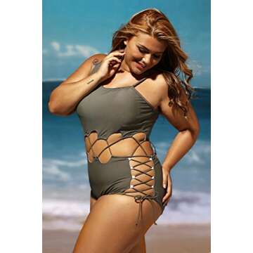LALAGEN Women's Sexy Lace Up Hollow Out Monokini Plus Size One Piece Swimsuit ArmyGreen XL
