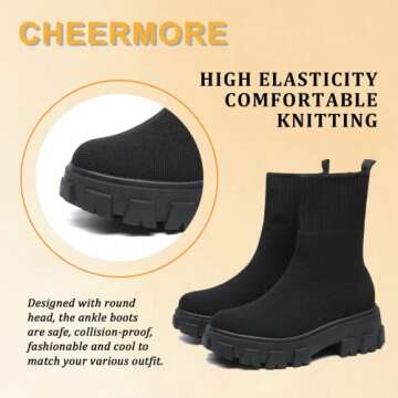 CHEERMORE Women Ankle Boot, Short Booties Slip on Platform Stretchy Socks Boots Chunky Block Low Heel Chelsea Boot, Knit Sports Walking Shoes Breathable High-Top Sneakers