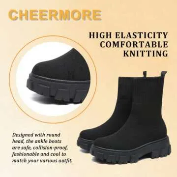 CHEERMORE Women Ankle Boot, Short Booties Slip on Platform Stretchy Socks Boots Chunky Block Low Heel Chelsea Boot, Knit Sports Walking Shoes Breathable High-Top Sneakers