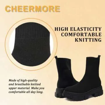 CHEERMORE Women Ankle Boot, Short Booties Slip on Platform Stretchy Socks Boots Chunky Block Low Heel Chelsea Boot, Knit Sports Walking Shoes Breathable High-Top Sneakers