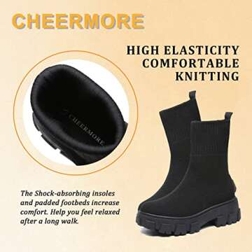 CHEERMORE Women Ankle Boot, Short Booties Slip on Platform Stretchy Socks Boots Chunky Block Low Heel Chelsea Boot, Knit Sports Walking Shoes Breathable High-Top Sneakers