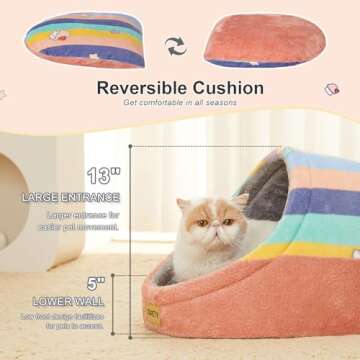 Jiupety Cute Cat Beds for Indoor Cats, Cat Cave Bed and Kitten Bed, Hideway Cat House and Cat Tent with Anti-Slip Bottom, Washable Removable Cushion, M(16"x16"x13"), Rainbow.