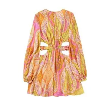 Women Hollow Out Waist Vintage Printed Fluffy Long Sleeved Dress Summer Sexy V-Neck Mini Dress