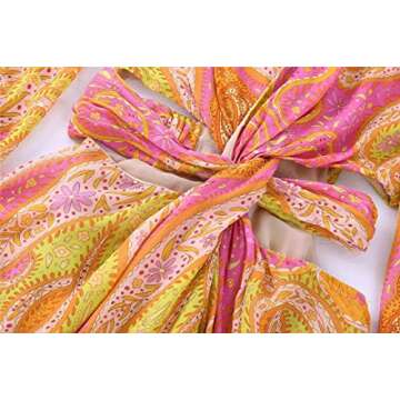 Women Hollow Out Waist Vintage Printed Fluffy Long Sleeved Dress Summer Sexy V-Neck Mini Dress