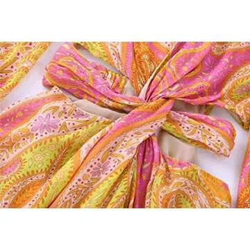 Women Hollow Out Waist Vintage Printed Fluffy Long Sleeved Dress Summer Sexy V-Neck Mini Dress