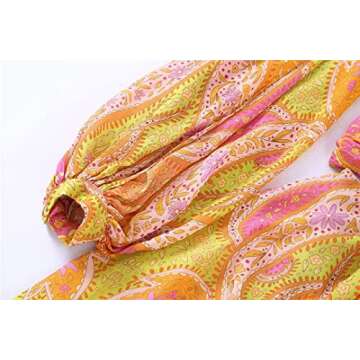 Women Hollow Out Waist Vintage Printed Fluffy Long Sleeved Dress Summer Sexy V-Neck Mini Dress