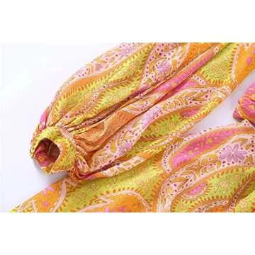 Women Hollow Out Waist Vintage Printed Fluffy Long Sleeved Dress Summer Sexy V-Neck Mini Dress