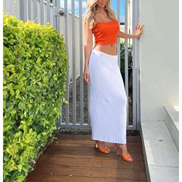 Meladyan Women High Waist Knit Long Maxi Skirt Stretchy Solid Slim Midi Skirts Strapless Bodycon Beach Dress Cover Up White X-Small