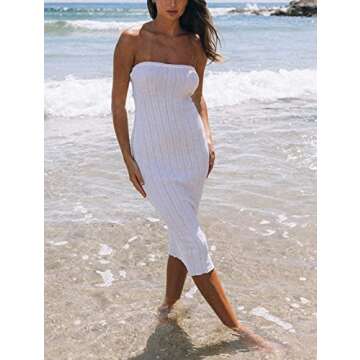 Meladyan Women High Waist Knit Long Maxi Skirt Stretchy Solid Slim Midi Skirts Strapless Bodycon Beach Dress Cover Up White X-Small