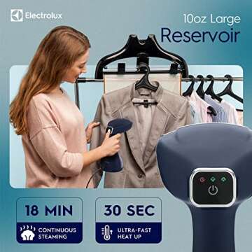 Electrolux Steamer for Clothes, 1500 Watt Portable Handheld Fabric and Garment Steamer with Lint Remover & Fabric Brush, Ultra-Fast Heat Up, 18 Min Continuous Steam for Powerful Wrinkle Remover, Blue