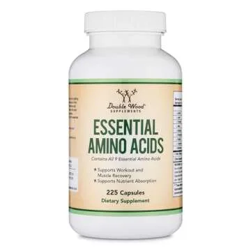 Essential Amino Acids - 1 Gram Per Serving Powder Blend of All 9 Essential Aminos (EAA) and All Branched-Chain Aminos (BCAAs) (Leucine, Isoleucine, Valine) 225 Capsules, Gluten Free by Double Wood