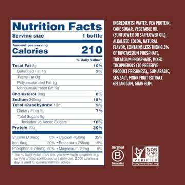 Ripple Vegan Protein Shake | Chocolate | 20g Nutritious Plant Based Pea Protein | Shelf Stable | No GMOs, Soy, Nut, Gluten, Lactose | 12 Oz, 12 Pack