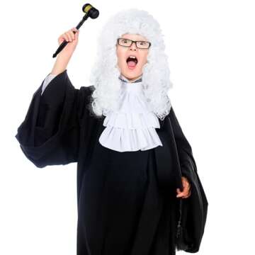 5 Pcs Halloween Judge Costume Accessory Judge Robe False Collar Wooden Gavel Wig and Glasses for Hal...