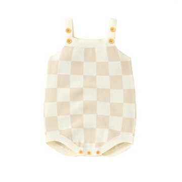 Adorable Newborn Baby Girl Summer Checkerboard Plaid Romper - Light Camel, 12-18 Months