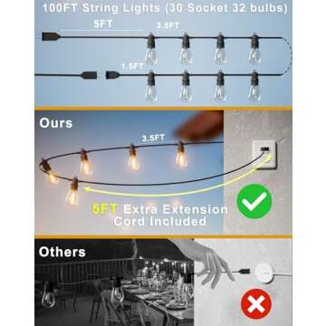 Jerritte 100FT Outdoor String Lights - Dimmable, Waterproof