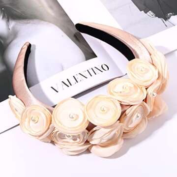 Flower Padded Headband for Women Pearl Embellished Petal Flower Headbands Statement Floral Velvet Wi...