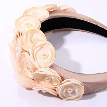 Flower Padded Headband for Women Pearl Embellished Petal Flower Headbands Statement Floral Velvet Wide Hair Band Hair Accessories for Girls Sister Wedding Bridal Parties (White)