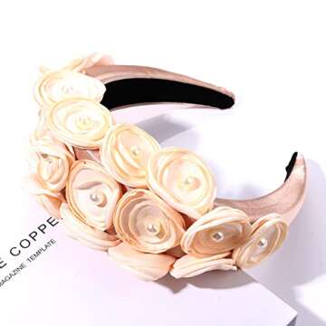 Flower Padded Headband for Women Pearl Embellished Petal Flower Headbands Statement Floral Velvet Wide Hair Band Hair Accessories for Girls Sister Wedding Bridal Parties (White)