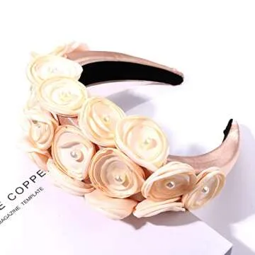 Flower Padded Headband for Women Pearl Embellished Petal Flower Headbands Statement Floral Velvet Wide Hair Band Hair Accessories for Girls Sister Wedding Bridal Parties (White)