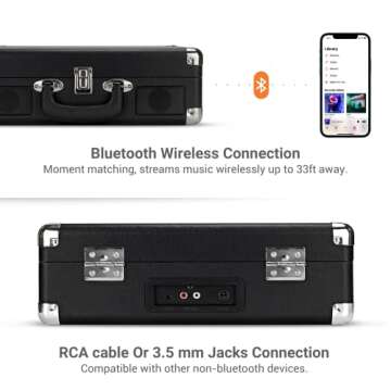 Bluetooth 3-Speed Record Player, ByronStatics Smart Portable Wireless Vinyl Turntable Built in Stere...