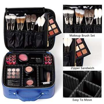 ROWNYEON Travel Makeup Train Case Makeup Bag Organizer Professional Portable Cosmetic Train Case Toiletry Travel Bag for Women PU Leather Gift for Girls Women EVA DIY Dividers Small Blue