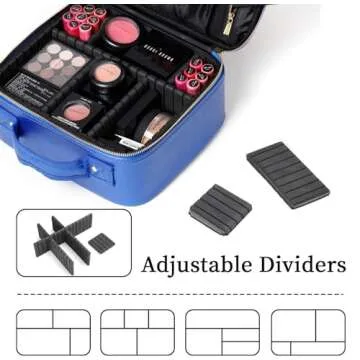 ROWNYEON Travel Makeup Train Case Makeup Bag Organizer Professional Portable Cosmetic Train Case Toiletry Travel Bag for Women PU Leather Gift for Girls Women EVA DIY Dividers Small Blue
