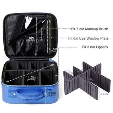 ROWNYEON Travel Makeup Train Case Makeup Bag Organizer Professional Portable Cosmetic Train Case Toiletry Travel Bag for Women PU Leather Gift for Girls Women EVA DIY Dividers Small Blue