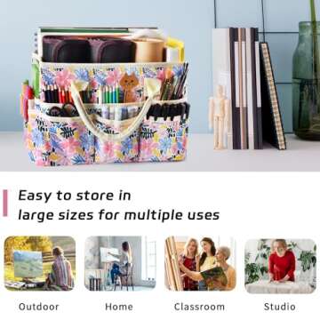 E-WEICHEN Craft Organizer Tote Bag Art Storage Caddy with Multiple Pockets Storage Containers for Art,Craft,and Office Supplies Storage Summer Flower