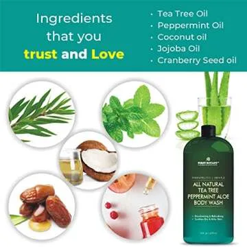 First Botany, ALL Natural Body Wash - Fights Body Odor, Athleteâ€™s Foot, Jock Itch, Nail Issues, Dandruff, Acne, Eczema, Shower Gel for Women & Men, Skin Cleanser -16 fl oz (Tea Tree Mint)