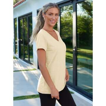 AUTOMET T Shirts for Women Short Sleeve Shirts V Neck Plus Size Summer Tops Casual Beach Vacation Outfits Clothes 2025 Cream L