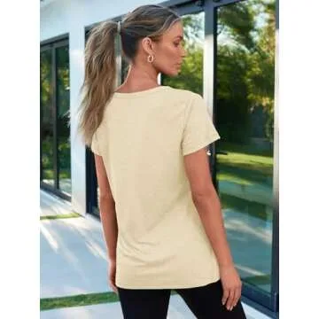 AUTOMET T Shirts for Women Short Sleeve Shirts V Neck Plus Size Summer Tops Casual Beach Vacation Outfits Clothes 2025 Cream L