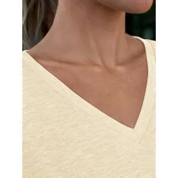 AUTOMET T Shirts for Women Short Sleeve Shirts V Neck Plus Size Summer Tops Casual Beach Vacation Outfits Clothes 2025 Cream L