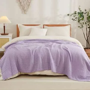 EMME Cotton Throw Blanket for Couch Soft Airy Muslin Bed Blankets Lightweight Breathable Blanket All Season Gauze Blanket, Lavender