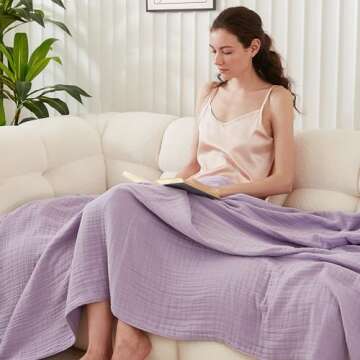 EMME Cotton Throw Blanket for Couch Soft Airy Muslin Bed Blankets Lightweight Breathable Blanket All Season Gauze Blanket, Lavender